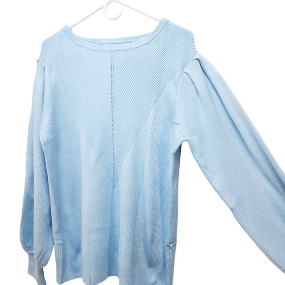 Light Blue Knitted Pullover Sweater Womens Size 2XL Ribbed Pattern Puff Sleeves - Picture 7 of 12